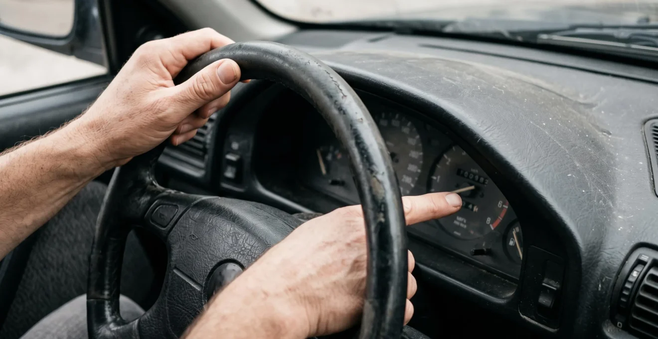 Un acheteur vérifie le volant et le tableau de bord d'une voiture d'occasion.