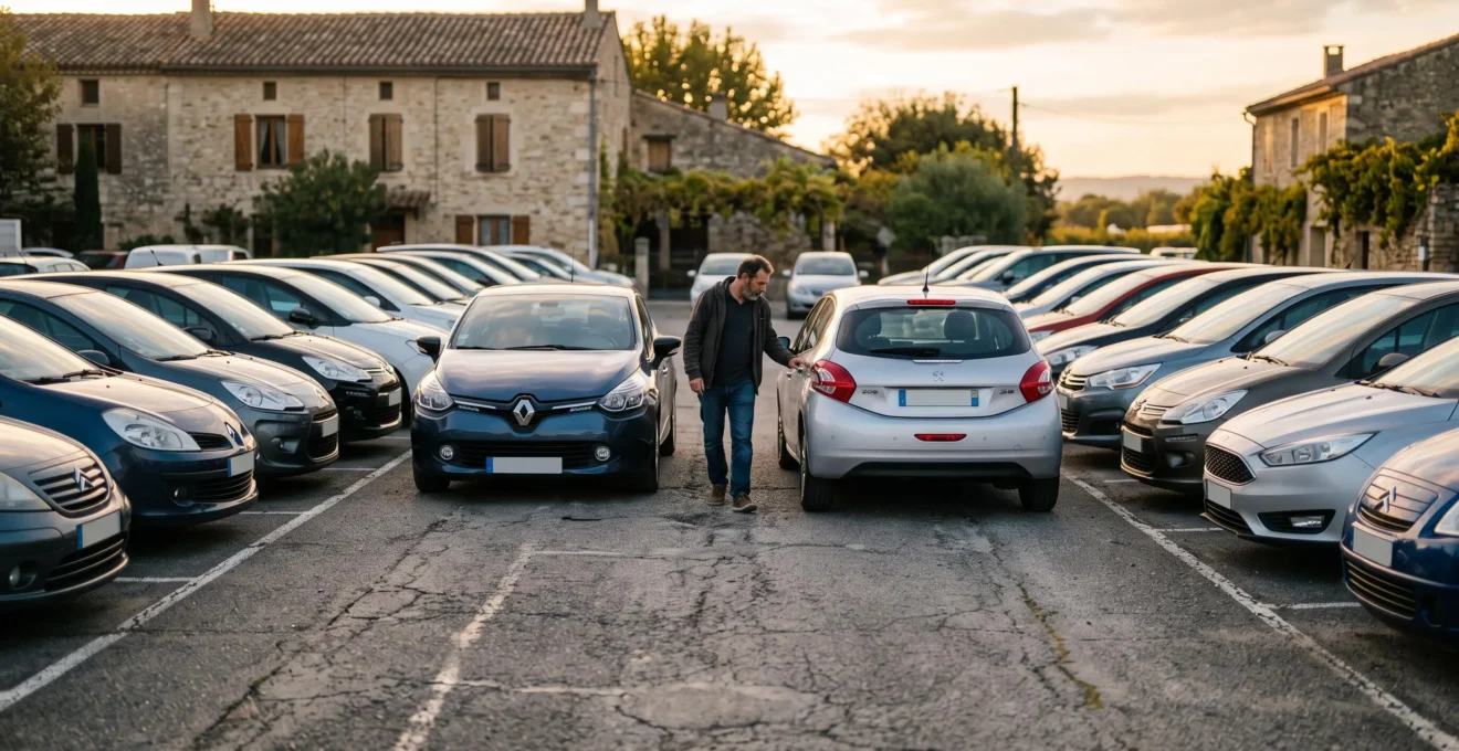 Un client regarde une voiture d'occasion sur un parking de concessionnaire dans une ville française.