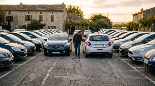 Un client regarde une voiture d'occasion sur un parking de concessionnaire dans une ville française.